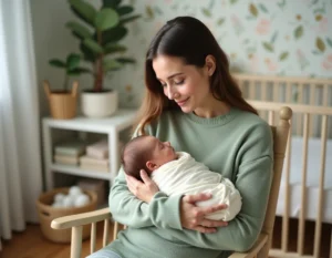 Jeune mère tenant son nouveau-né endormi dans une chambre de bébé douce et naturelle