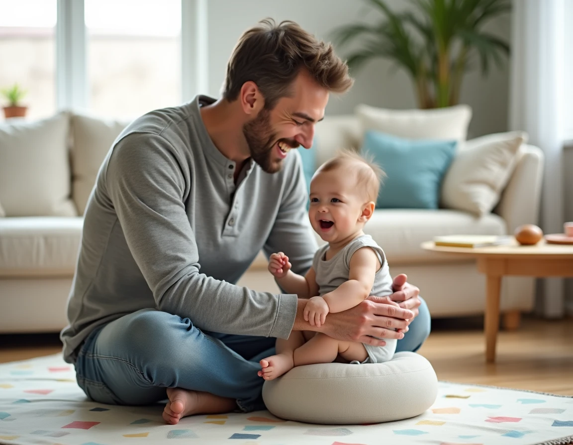 Père jouant avec son bébé de six mois sur un tapis d'éveil dans un salon moderne