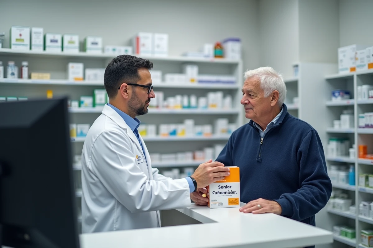 Pharmacien conseillant un patient senior sur les effets secondaires et contre-indications d'un complément vitaminé