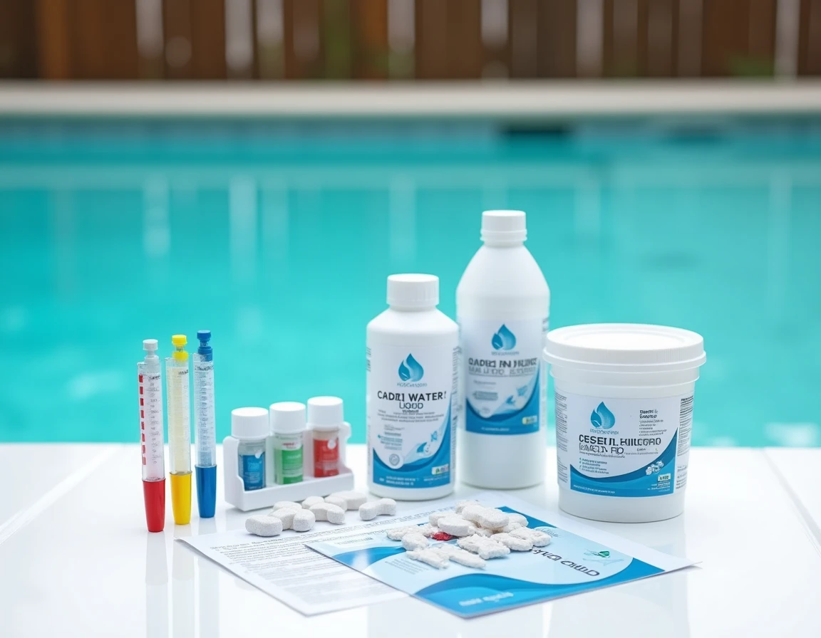 Kit de test de piscine, clarifiant et chlore posés sur une table blanche au bord de l'eau