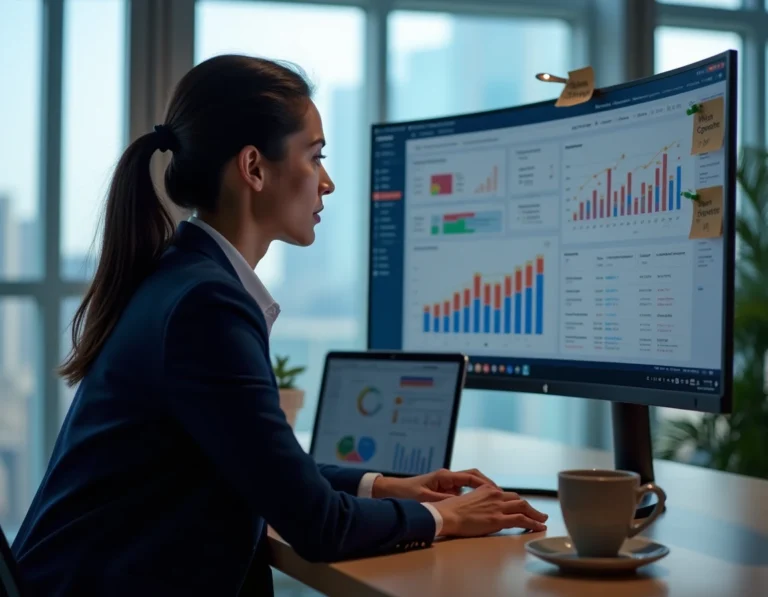 Professionnelle analysant des données de référencement SEO sur un grand écran d'ordinateur avec des graphiques de classement de mots-clés dans un bureau moderne