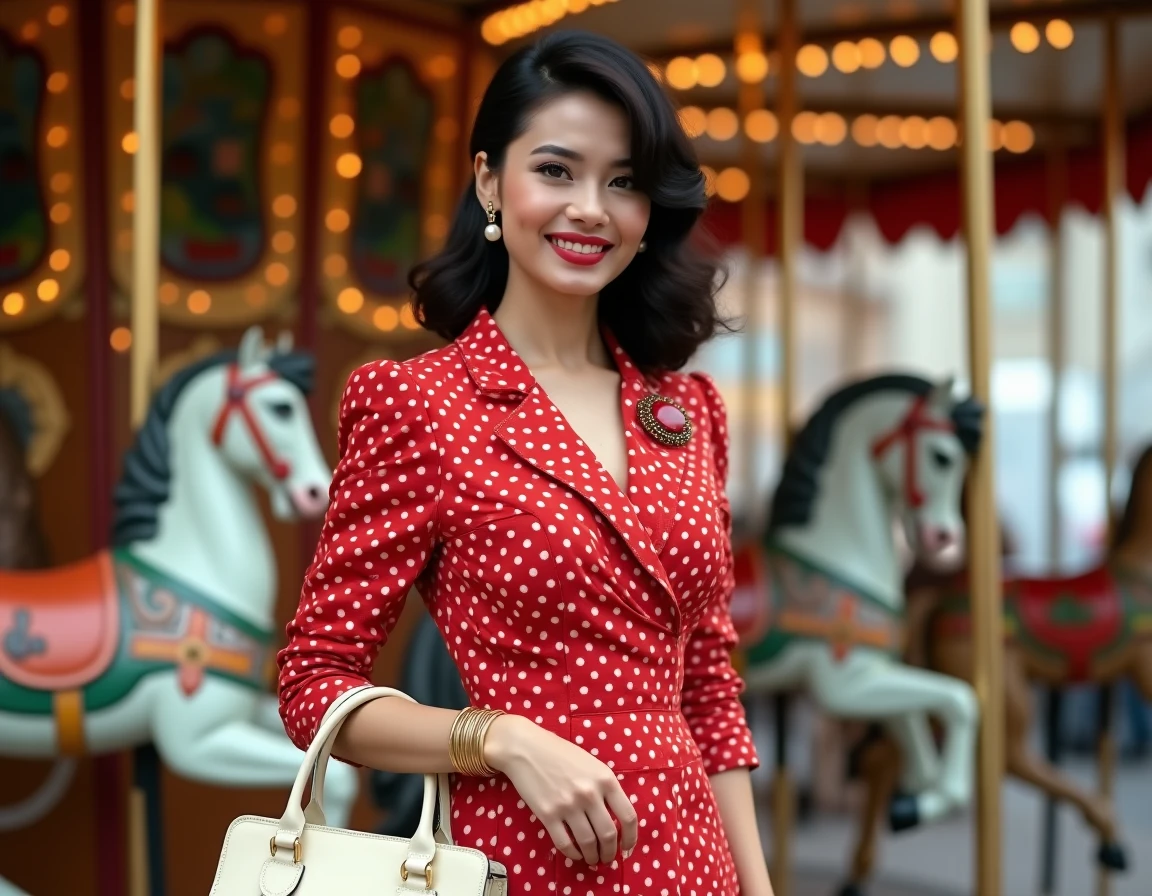 Femme en robe portefeuille à pois rouges style années 60 avec broche rétro et sac crème près d'un carrousel de guinguette