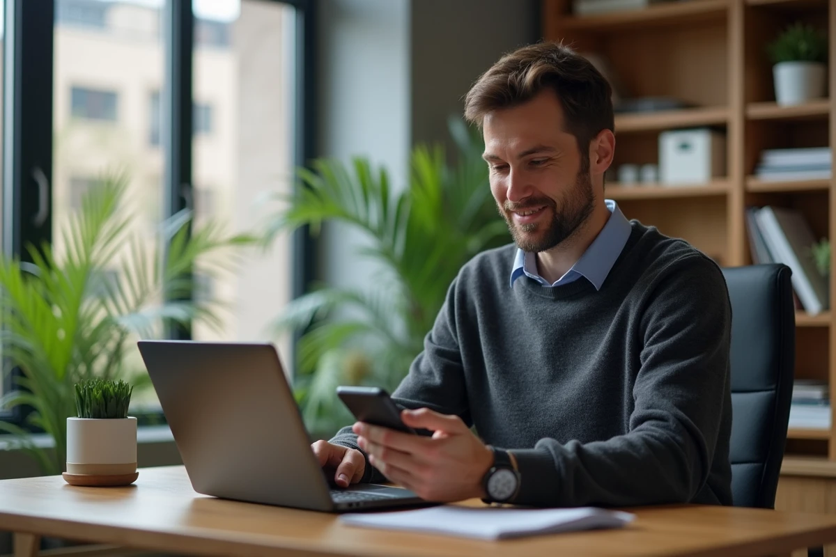 Homme utilisant les services bancaires en ligne du Crédit Mutuel 35 depuis son domicile sur ordinateur et smartphone