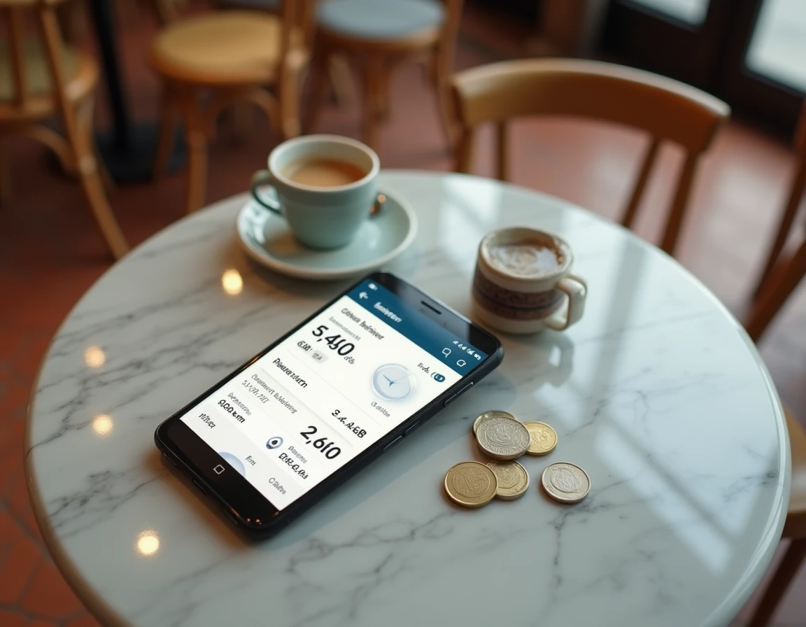 Smartphone affichant l'interface de la banque N26 posé sur une table de café avec des pièces en euros