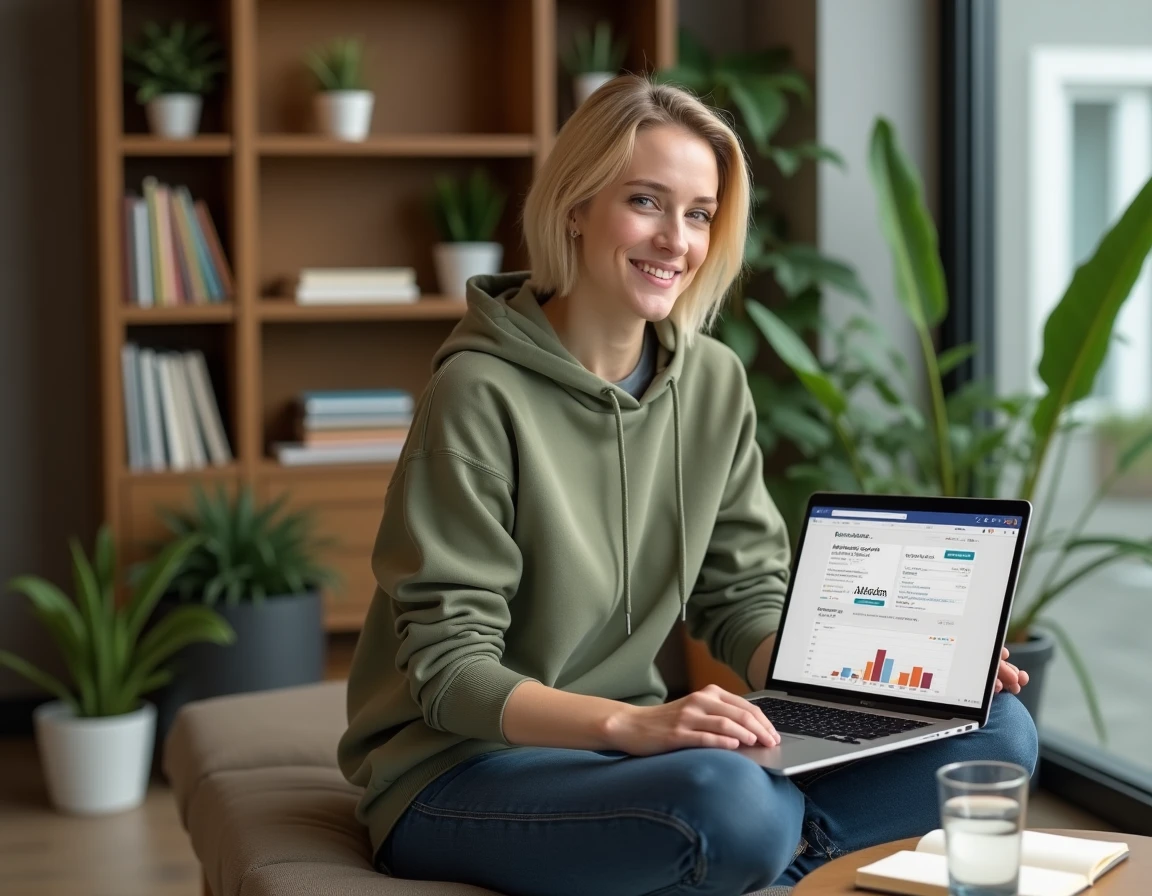 Jeune spécialiste en référencement naturel utilisant un outil de recherche de mots-clés sur ordinateur portable dans un espace de coworking moderne