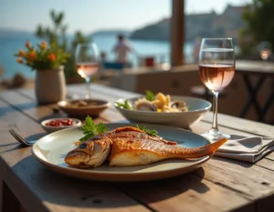 Table dressée avec des spécialités locales de Gruissan : daurade grillée, huîtres fraîches, tapenade et rosé du Languedoc dans un restaurant au bord de la mer