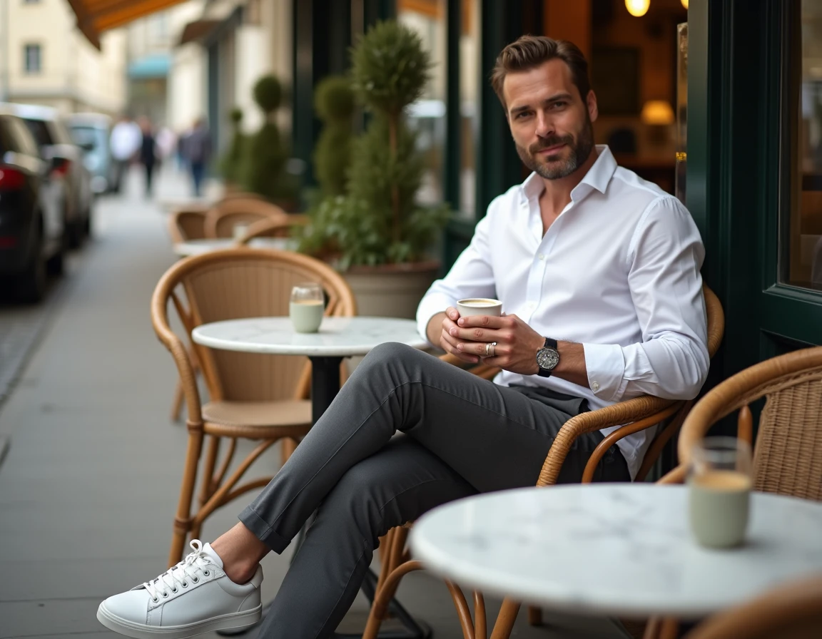 Homme tendance en tenue minimaliste attablé à une terrasse de café parisien dans le Marais, lifestyle mode masculin Paris