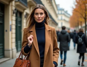 Femme parisienne élégante en manteau camel marchant sur un boulevard haussmannien en automne, tendance mode lifestyle Paris