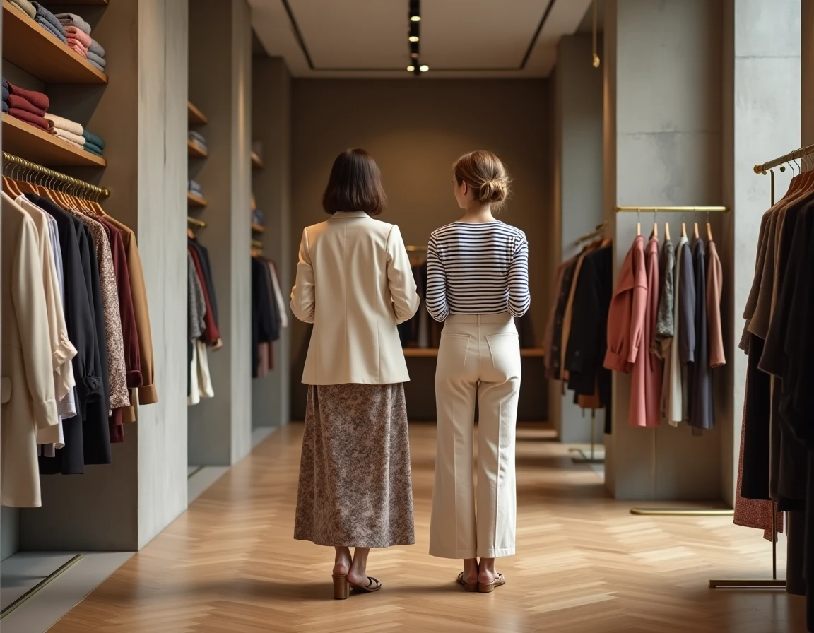 Deux femmes élégantes découvrant les tendances mode dans une boutique concept store parisienne, style lifestyle Paris