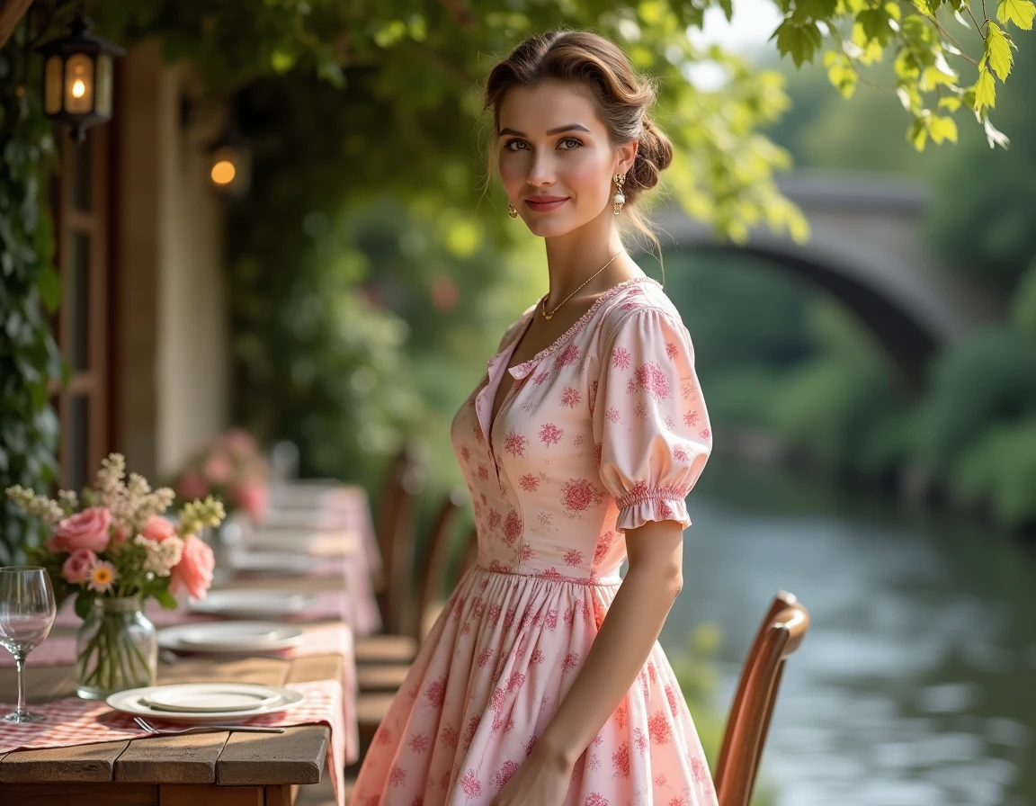 Femme en robe fleurie rétro style années 50 avec bijoux en perles dans une guinguette rustique au bord de l'eau