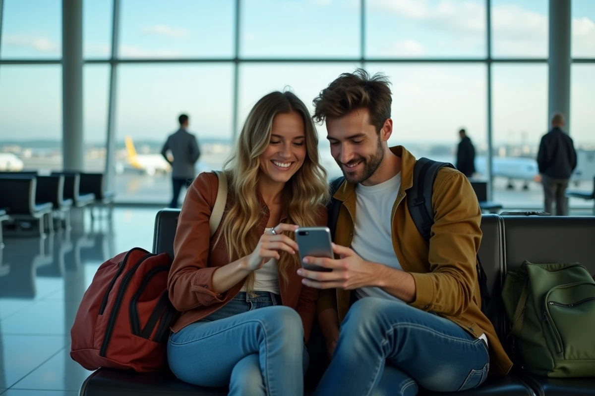 Deux voyageurs consultant le plan du site d'un portail de voyages sur smartphone dans un aéroport